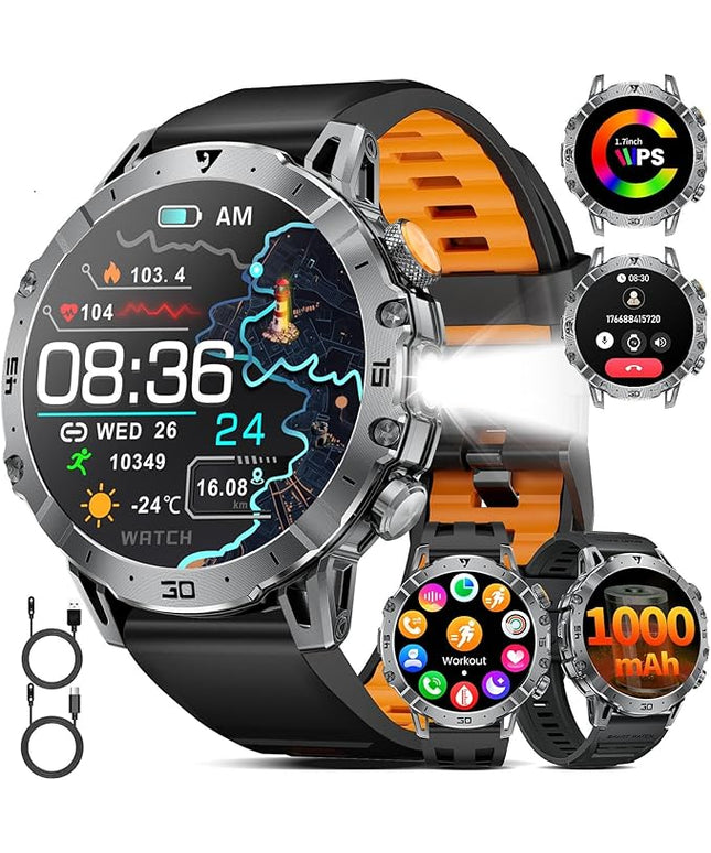 Military Smart Watch for Men(3 Bands),1000mAh /1.7" HD Large Display Smart Watches with LED Flashlight for Android iOS (Call Answer/Calls)Fitness Tracker with Heart Rate/Sleep Tracking/IP68 Waterproof