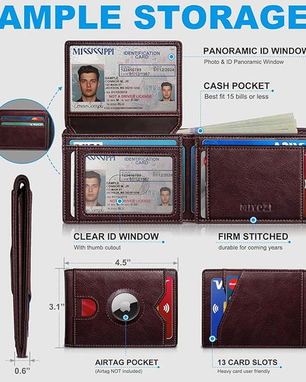 miyozi Airtag Wallet for Men,with Cash Pocket 2 ID Window 13 Cards,Slim Leather Wallet Front Pocket Card Holder RFID Blocking with Gift Box