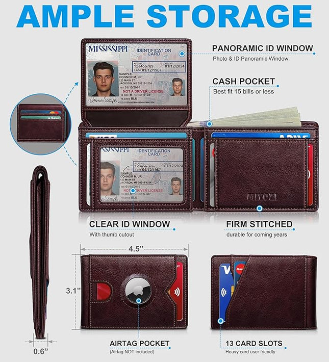 miyozi Airtag Wallet for Men,with Cash Pocket 2 ID Window 13 Cards,Slim Leather Wallet Front Pocket Card Holder RFID Blocking with Gift Box