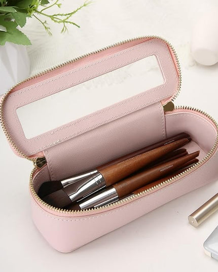 Aveniee Clear Makeup Brush Bag, Slim Cosmetic Brush Holder, small Toiletry Bag Mini Travel Case for Women, Thin Make up Bags with Dual Zipper, Cute Travel Essentials Organizer,Pink