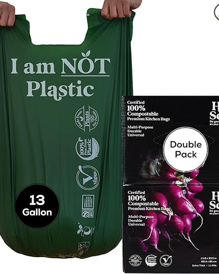 Large Compostable Trash Bags - 10-13 Gallon, 100 Pack, 100% Plastic-Free Decomposing Easy-Tie Trash Can Bags & Liners, Thick Kitchen, Bathroom & Backyard Bin Bags for Food & Green Waste