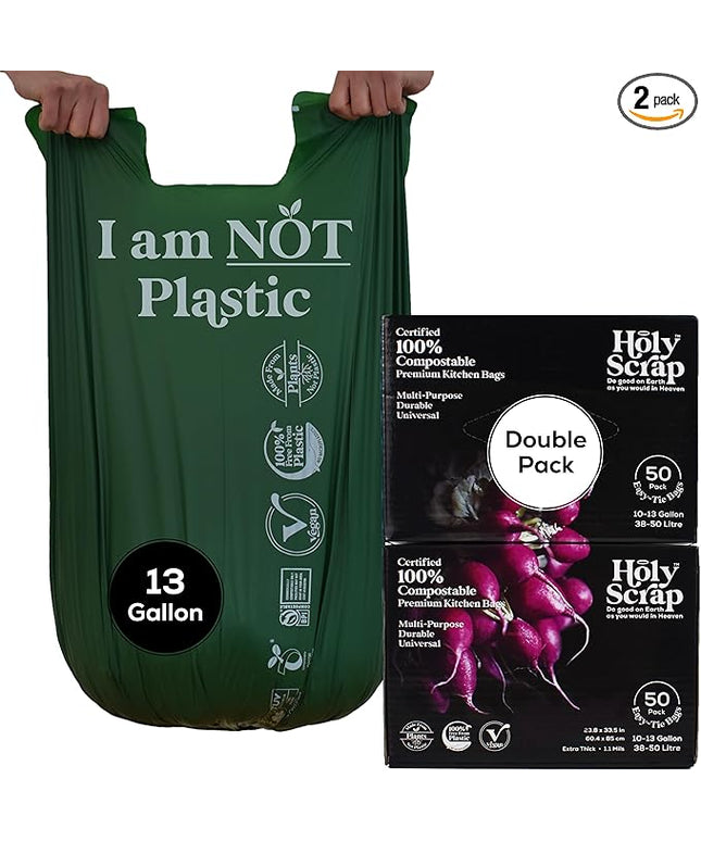 Large Compostable Trash Bags - 10-13 Gallon, 100 Pack, 100% Plastic-Free Decomposing Easy-Tie Trash Can Bags & Liners, Thick Kitchen, Bathroom & Backyard Bin Bags for Food & Green Waste