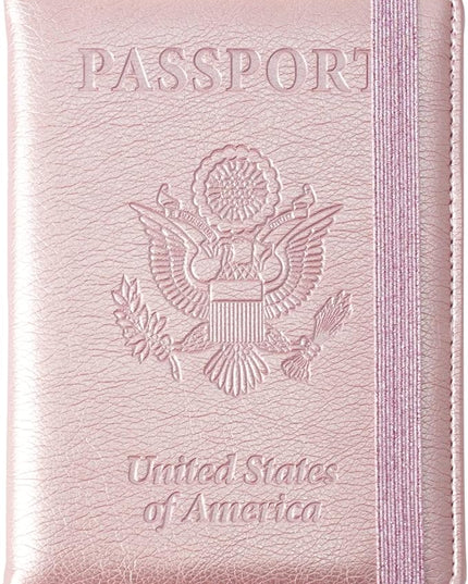 Eoehro Passport and Vaccine Card Holder, Passport Holder Vaccine Card Slot, Passport Wallet, Passport Cover, Passport Case, Passport Holder for Airplane Travel Essentials (E-Elastic band Rose gold)