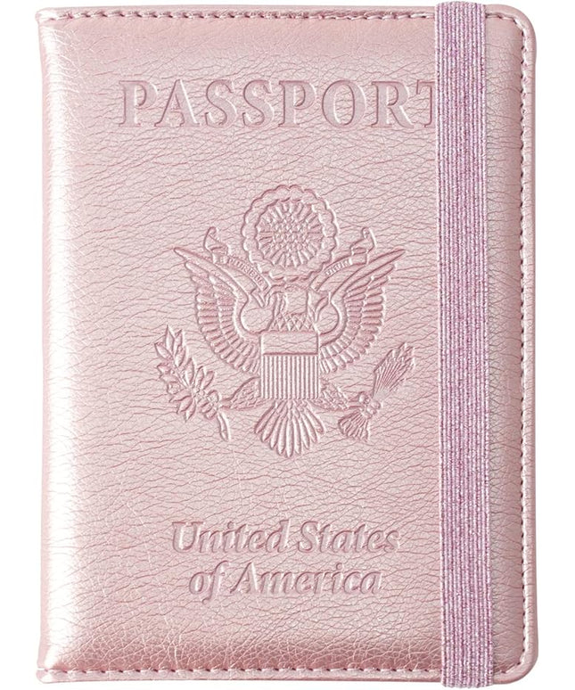 Eoehro Passport and Vaccine Card Holder, Passport Holder Vaccine Card Slot, Passport Wallet, Passport Cover, Passport Case, Passport Holder for Airplane Travel Essentials (E-Elastic band Rose gold)