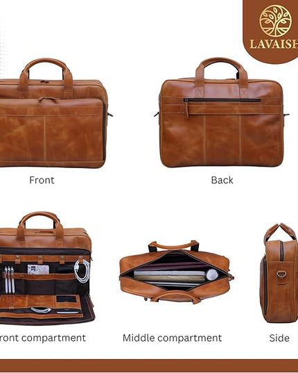 Handmade Full-Grain Leather Briefcase for Men & Women–17" Laptop Bag with Computer Compartment Office Satchel Bag