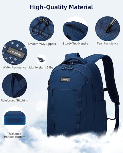 Travel Laptop Backpack Carry On, 18 Inch Large Work Backpack School Book Bags, Light Water Resistant Backpacks for Women Men with Luggage Strap Water Bottle Pocket Chest Strap, Navy Blue