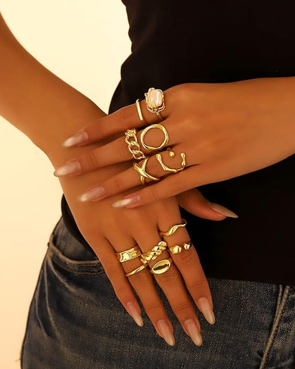 Chunky 14K Gold Plated Stackable Rings Set for Women,Vintage Knuckle Rings Dainty Hollow Carved Joint Finger Midi Rings Pack Adjustable Signet Mixed Size