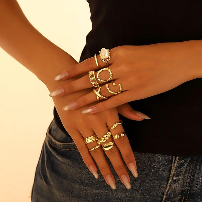 Chunky 14K Gold Plated Stackable Rings Set for Women,Vintage Knuckle Rings Dainty Hollow Carved Joint Finger Midi Rings Pack Adjustable Signet Mixed Size