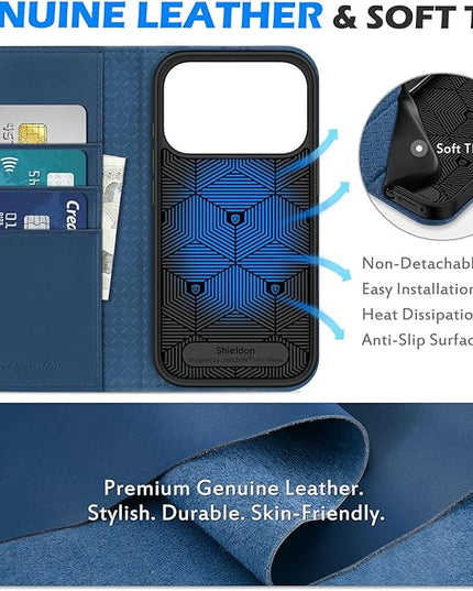 SHIELDON Real Leather Case Walllet for iPhone 17 Pro 6.3-inch 2025 | Foldable Magnetic Closure | RFID Blocking Credit Card Holder | Kickstand | Shockproof Protective Cover | Royal Blue
