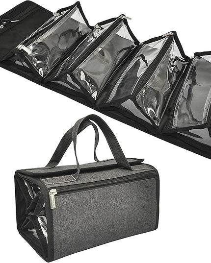 Large Capacity Hanging Eco Polyester Travel Toiletry Bag Makeup Cosmetic Bag 4-in-1 Roll-Up Make Up Storage Organizer With 4 detachable Removable Zipper Clear TPU Pouches & Hook