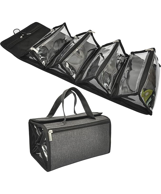 Large Capacity Hanging Eco Polyester Travel Toiletry Bag Makeup Cosmetic Bag 4-in-1 Roll-Up Make Up Storage Organizer With 4 detachable Removable Zipper Clear TPU Pouches & Hook