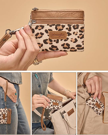 Montana West Wrangler Small Wallet for Women Leopard Print Wristlet Wallets Mini Change Pouch Tan