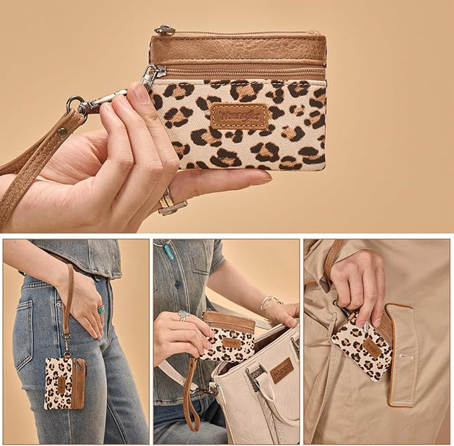 Montana West Wrangler Small Wallet for Women Leopard Print Wristlet Wallets Mini Change Pouch Tan