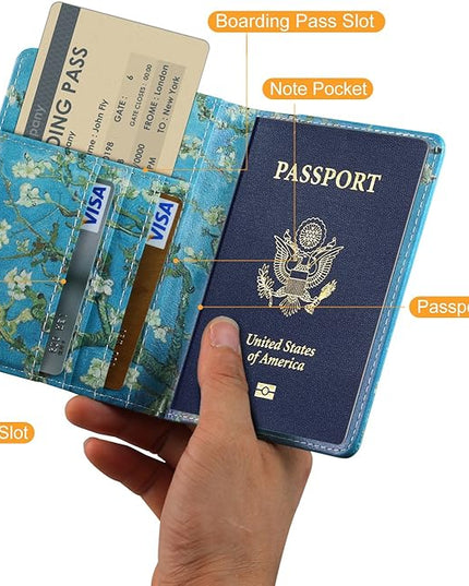 Passport Holder, Slim Travel Wallet RFID Blocking Card Case Passport Cover Protector Travel Essentials with Credit Card Slots Pockets for Women/Men, Almond Blossom Tree