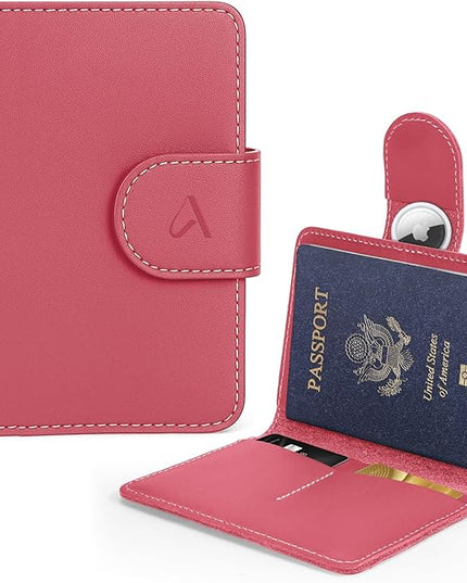 ALLIVE Rfid Passport Holder for Travel Women, Rfid Passport Cover Wallet, Genuine Leather Passport Holder for Travel with AirTag Hidden, Airport Essentials, Travel Gifts (Rose Pink)