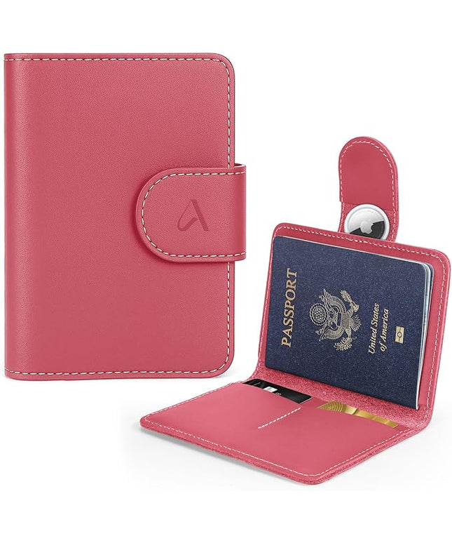 ALLIVE Rfid Passport Holder for Travel Women, Rfid Passport Cover Wallet, Genuine Leather Passport Holder for Travel with AirTag Hidden, Airport Essentials, Travel Gifts (Rose Pink)