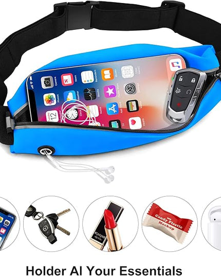 Slim Running Belt For Men and Women Waist Fanny Pack Phone Holder Pouch Bag Reflective Zipper Pocket Workout Cycling Fitness Bright Blue