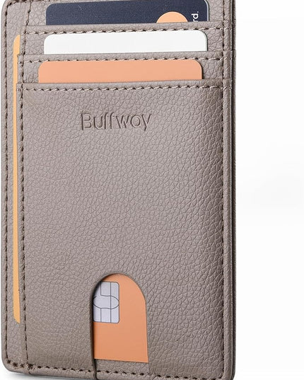 Buffway Slim Minimalist Front Pocket RFID Blocking Leather Wallets for Men and Women - Lichee Khaki