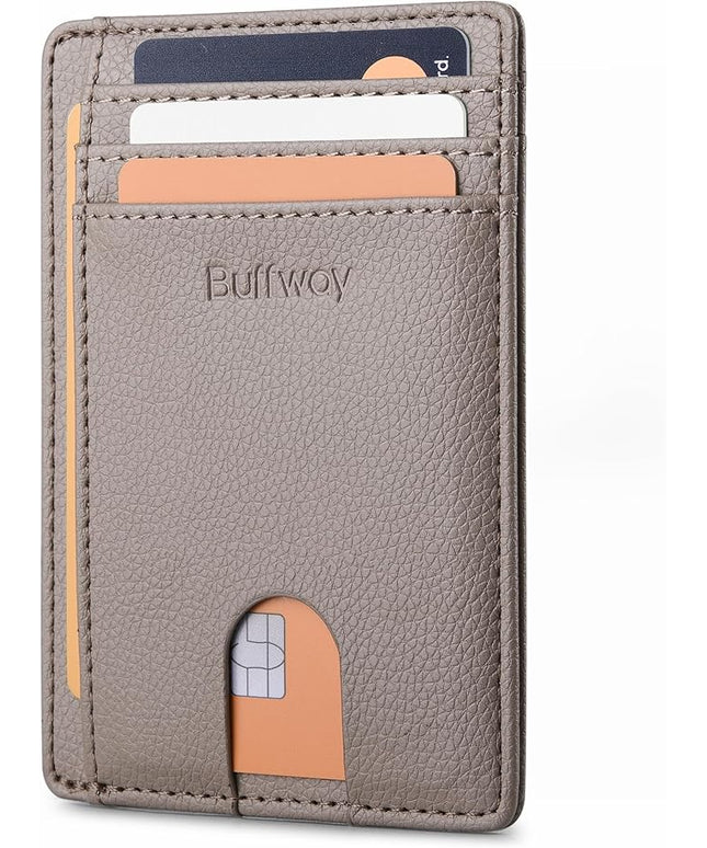 Buffway Slim Minimalist Front Pocket RFID Blocking Leather Wallets for Men and Women - Lichee Khaki