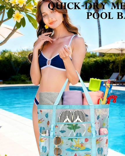 Mesh Beach Bag, Large Beach Tote with Zipper Pocket, Toys Pool Bag for Family Travel Vacation Cruise Essentials