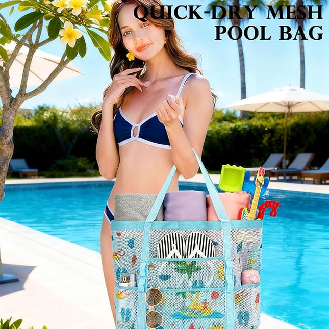 Mesh Beach Bag, Large Beach Tote with Zipper Pocket, Toys Pool Bag for Family Travel Vacation Cruise Essentials