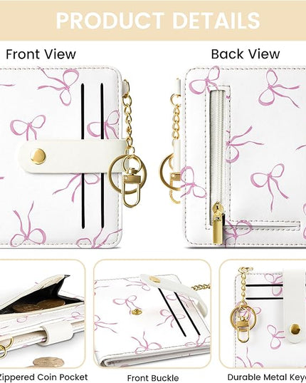 Sodsay Small Slim Wallet Women RFID Blocking, PU Leather Bifold Ladies Wallet with Zipper Coin Pocket, Thin Cute Travel Card Wallets for Girls, Pink Whimsical Bows