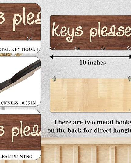 MBYHP Wooden Key Holder with 4 Hooks - Keys Please Decorative Key Organizer for Wall - Home Office Kitchen Hallway Entryway Wall Decor for Keys, Dog Leash Hanging - A04