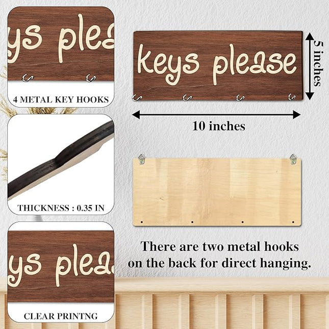 MBYHP Wooden Key Holder with 4 Hooks - Keys Please Decorative Key Organizer for Wall - Home Office Kitchen Hallway Entryway Wall Decor for Keys, Dog Leash Hanging - A04