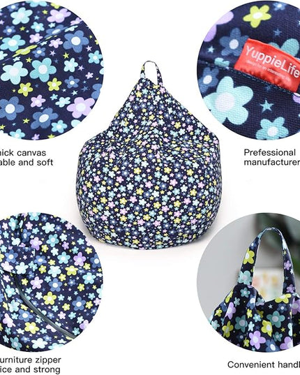 YuppieLife Kids Storage Bean Bag Cover（No Filling） Toy Organizer|Carrying Handle Sofa|Available for Kids and Teenager|Cuddle Chair|Machine Washable and Durable（38“,Blue Flowers）