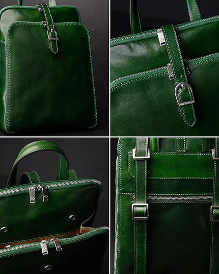 Time Resistance Leather Backpack - Convertible to Shoulder Bag - Full Grain Real Leather Travel Rucksack for Women (Green)