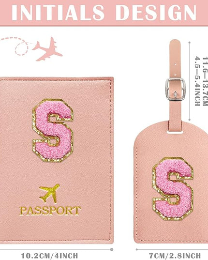 COSHAYSOO Initial Passport Cover Luggage Tag Set Letter Passport Holder Airplane Cruise Travel Essentials Vacation Traveling Accessories Personalized Gifts for Women Teen College Girls Pink S