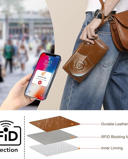 yiijay Womens Wallet RFID Blocking Large Capacity Leather Double Zip Wristlet Wallet Credit Card Phone Holder Ladies Clutch Purse Flora