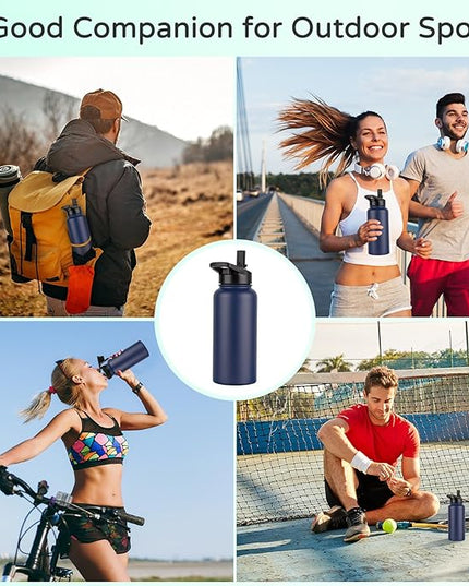 DOMICARE 32 oz Insulated Water Bottle Bulk, Vacuum Insulated Stainless Steel Sports Water Bottle with Straw Lid & Spout Lid, Leakproof, Reusable - Travel, Camping, Bike, Navy Blue (4 Pack)