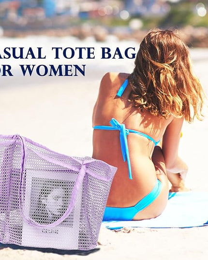 Mesh Beach Bag, Large Beach Tote with Zipper Pocket, Toys Pool Bag for Family Travel Vacation Cruise Essentials