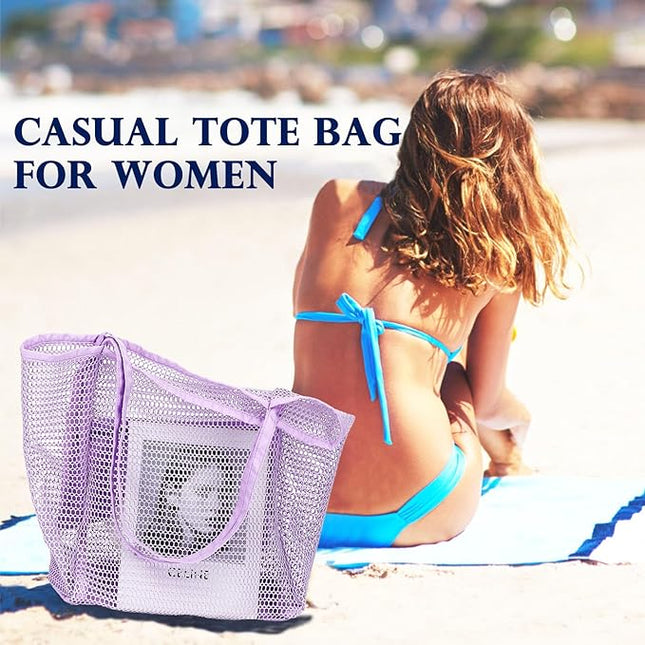 Mesh Beach Bag, Large Beach Tote with Zipper Pocket, Toys Pool Bag for Family Travel Vacation Cruise Essentials