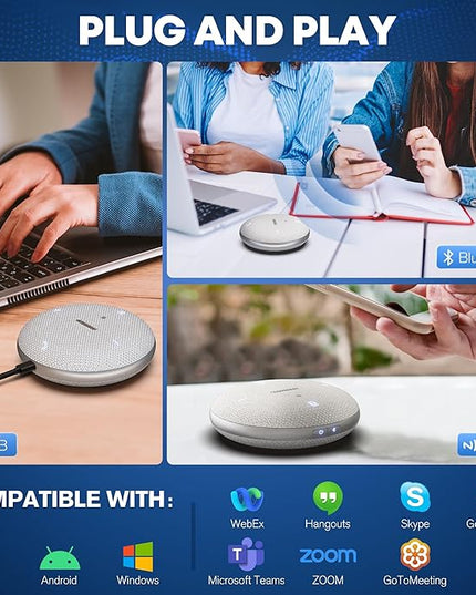 Bluetooth Conference Speakerphone M4 Conference Microphone with AI Noise Reduction AI Transcription Full-Duplex 360° Omnidirectional Voice Pickup USB Speaker for Teams Zoom Home Office, Gray