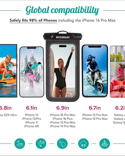 Eco Sun Waterproof Phone Pouch (2-Pack) — Designed in Hawaii — Case Fits All iPhones (incl. 16 Pro Max), Samsung Galaxy S24 Ultra & More Black/Black
