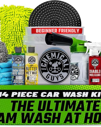 Chemical Guys Car Wash Kit 14-Pc Arsenal Builder - with Foam Blaster, Wash Bucket, Towels, Applicators, and 16 oz Soaps, Waxes, and Cleaners - Complete Car Detailing Gift Set, Works with Garden Hose