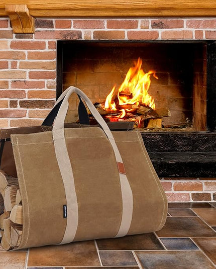 INNO STAGE Firewood Log Carrier Tote Bag with Super Strong Double Straps for Reinforce, 16oz Waxed Canvas Heavy Duty & Long Lasting for Wood Hay Hauling for Fireplace or Outdoor Camping-Khaki Color