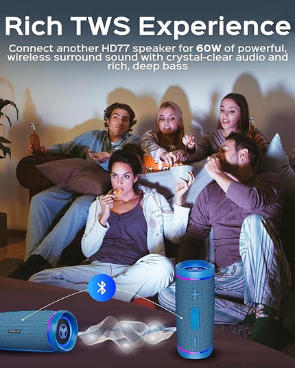 TREBLAB HD77 Bluetooth Speaker, 30W Portable Wireless Speaker with 360° Stereo Sound & Deep Bass, IPX7 Waterproof Outdoor Bluetooth Speaker, 20H Battery, TWS Pairing for Home, Beach, Pool, Camping