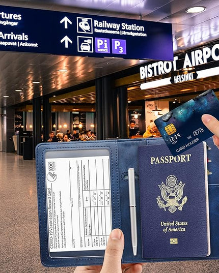 RSAquar Passport Holder for Women and Men, Premium PU Leather Travel Passport Wallet RFID Blocking Passport Cover Travel Documents Organizer with Pen Holder, Blue#2