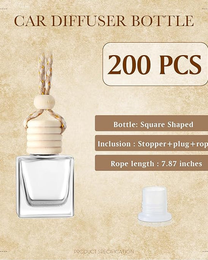 BBTO 200 Pcs Hanging Car Diffuser Bottles Bulk, Empty Clear Glass Air Freshener Bottles with Wooden Cap for Perfume Essential Oils Fragrance Aromatherapy Ornament(Cube)