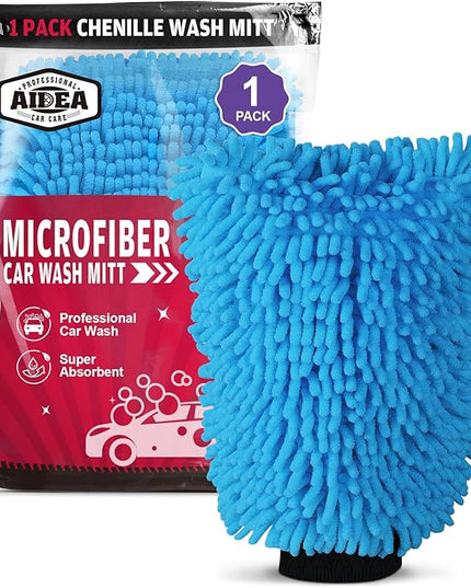 AIDEA Car Wash Mitt Microfiber, 1PK Scratch Free Lint-Free, Premium Chenille Microfiber Sponge Mitt Car Wash Brush, Blue, Regular Size 7.12''X10.14''