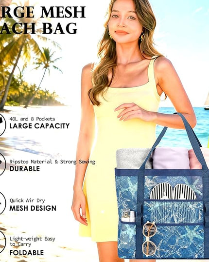 Mesh Beach Bag, Large Beach Tote with Zipper Pocket, Toys Pool Bag for Family Travel Vacation Cruise Essentials