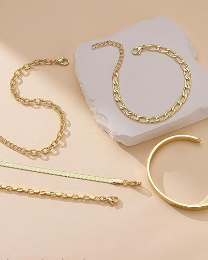 Gold Bracelets Set for Women Stack, Dainty Thick Bracelets Stack for Women Trendy, Simple Thin Gold Plated Cuff Stackable Bracelets With Beaded Cuban Paperclip Snake Rope Bangle Hand Chain Jewelry Gifts for Women Non Tainish