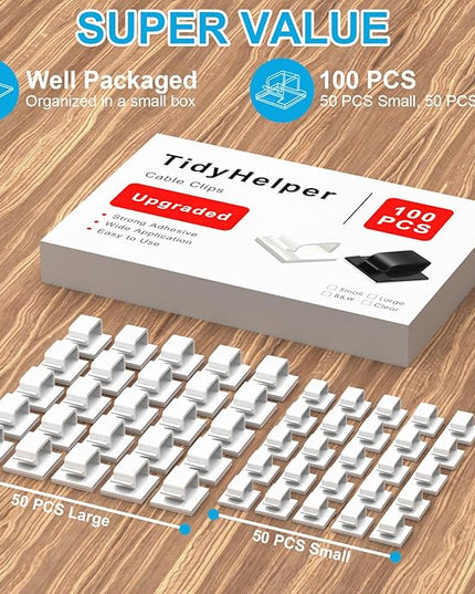 100 PCS Adhesive Cable Clips White (Small & Large), Upgraded Wall Wire Holder for Cord Organizer Cable Management, Outdoor Light Clips Hooks for LED, Car Dash Cam, HDMI, Extension Cord