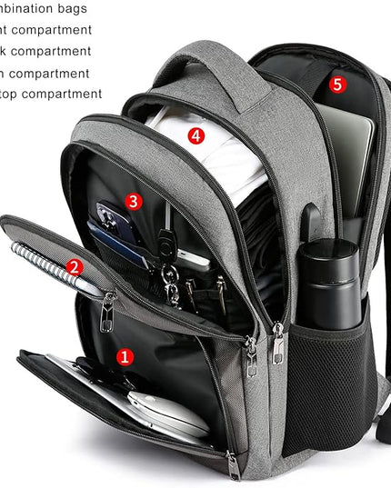School Backpack for College Students & Teens - 15.6 Inch Laptop Backpack with USB Charging Port, Ergonomic Shoulder Straps, Water Resistant Travel Bookbag for Men, Women - Grey