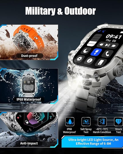 Military Smart Watches for Men(Answer/Make Calls),2.01"HD Screen Sports Smartwatch with LED Flashlight/700mAh Battery,IP68 Waterproof Fitness Tracker for Android iOS,100+Sport Modes,Green Silicone
