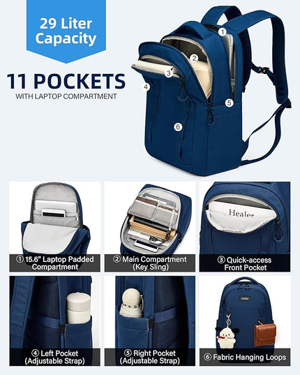 Travel Laptop Backpack Carry On, 18 Inch Large Work Backpack School Book Bags, Light Water Resistant Backpacks for Women Men with Luggage Strap Water Bottle Pocket Chest Strap, Navy Blue