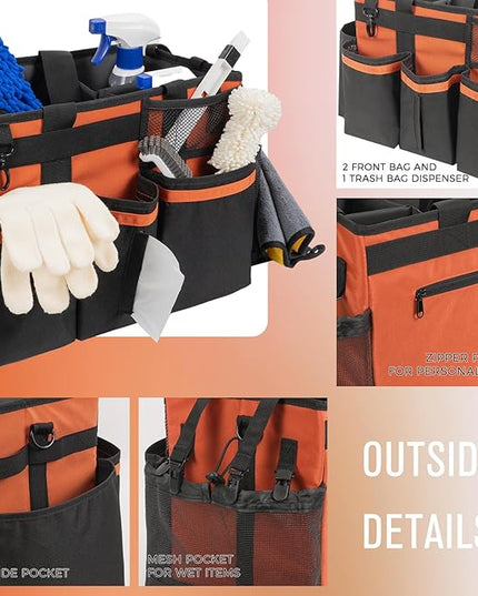 Wearable Cleaning Caddy, Cleaning Caddy Supplies Organizer with Handle & Shoulder Straps for Housekeepers, Under Sink & Car Cleaning Tool Organizers Bag with 4 Foldable Divider (RetroOrange)
